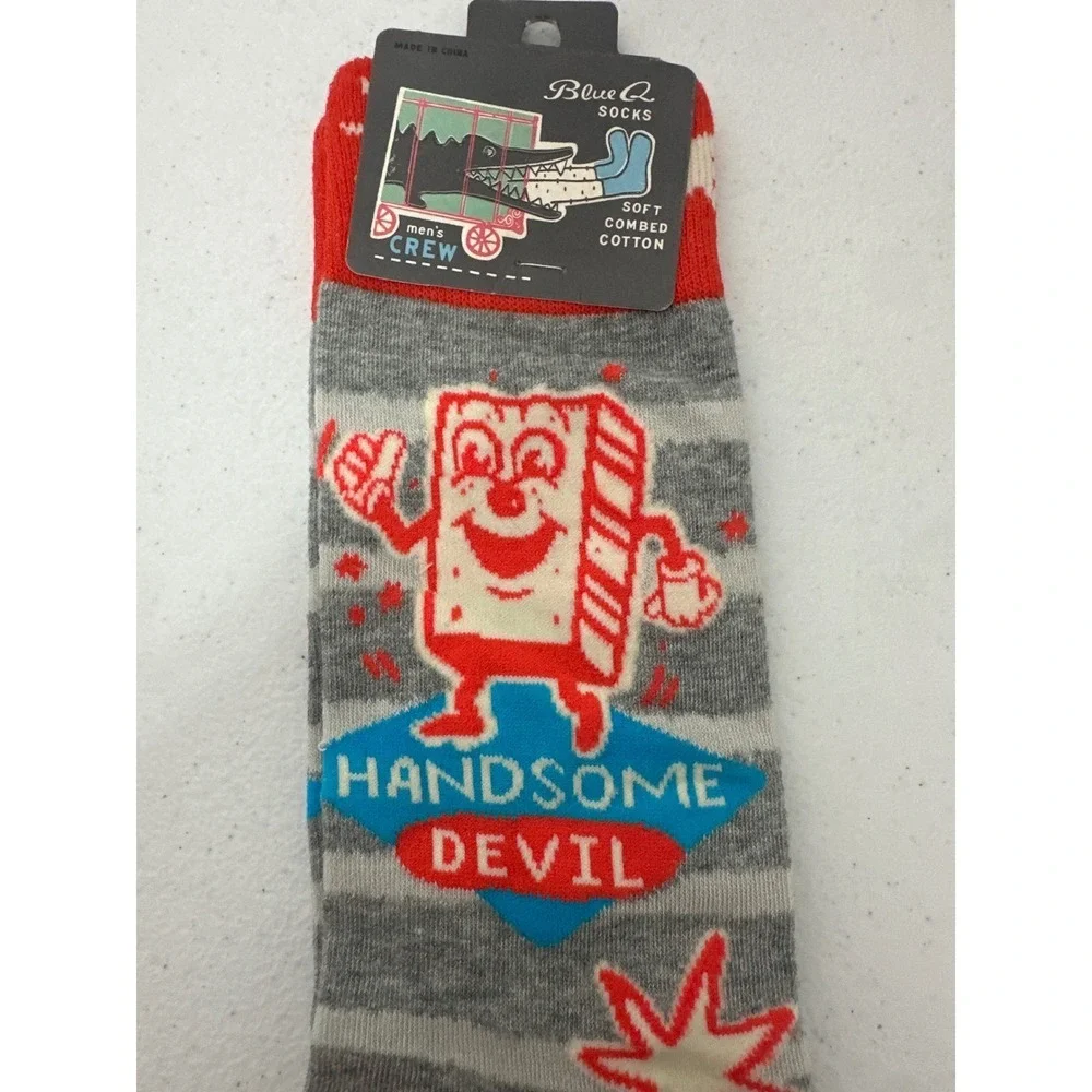 NWT Blue Q Mens Socks Handsome Devil Grey Red Striped Retro Graphic Novelty